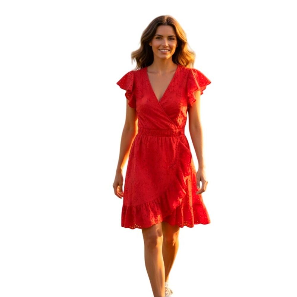 Japna Red Eyelet Surplice Ruffle Sundress size Small